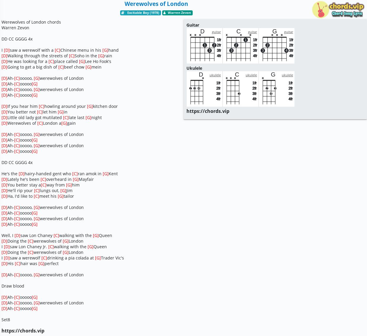 Werewolves Of London - Ukulele Chords/Lyrics