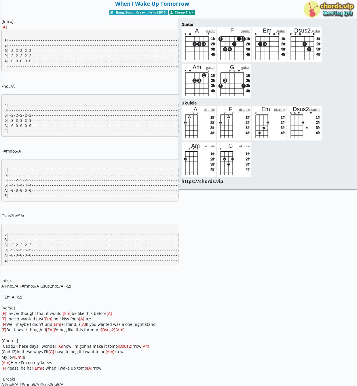 Chord When I Wake Up Tomorrow Cheap Trick Tab Song Lyric Sheet Guitar Ukulele Chords Vip