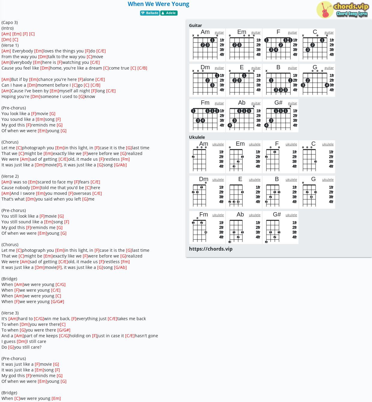 Chord When We Were Young Adele Tobias Jesso Jr Tab Song Lyric Sheet Guitar Ukulele Chords Vip