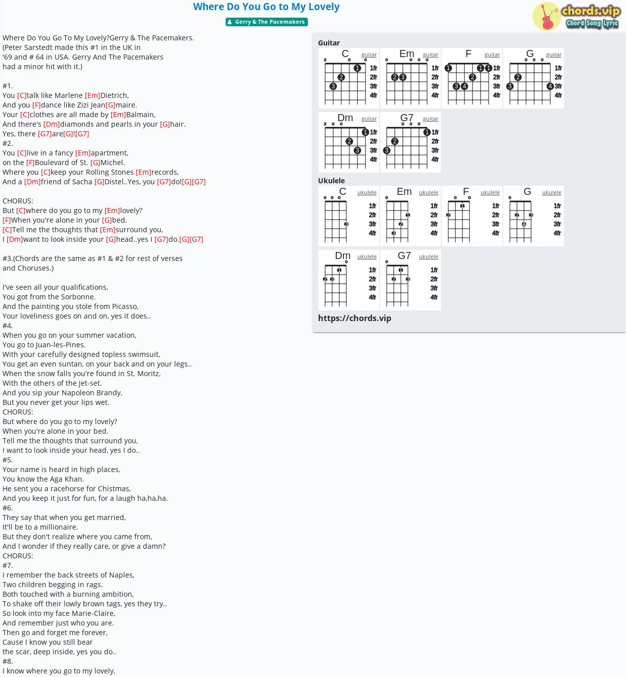 Chord: Where Do You Go to My Lovely - Gerry & The Pacemakers tab, song lyric, guitar, ukulele | chords.vip