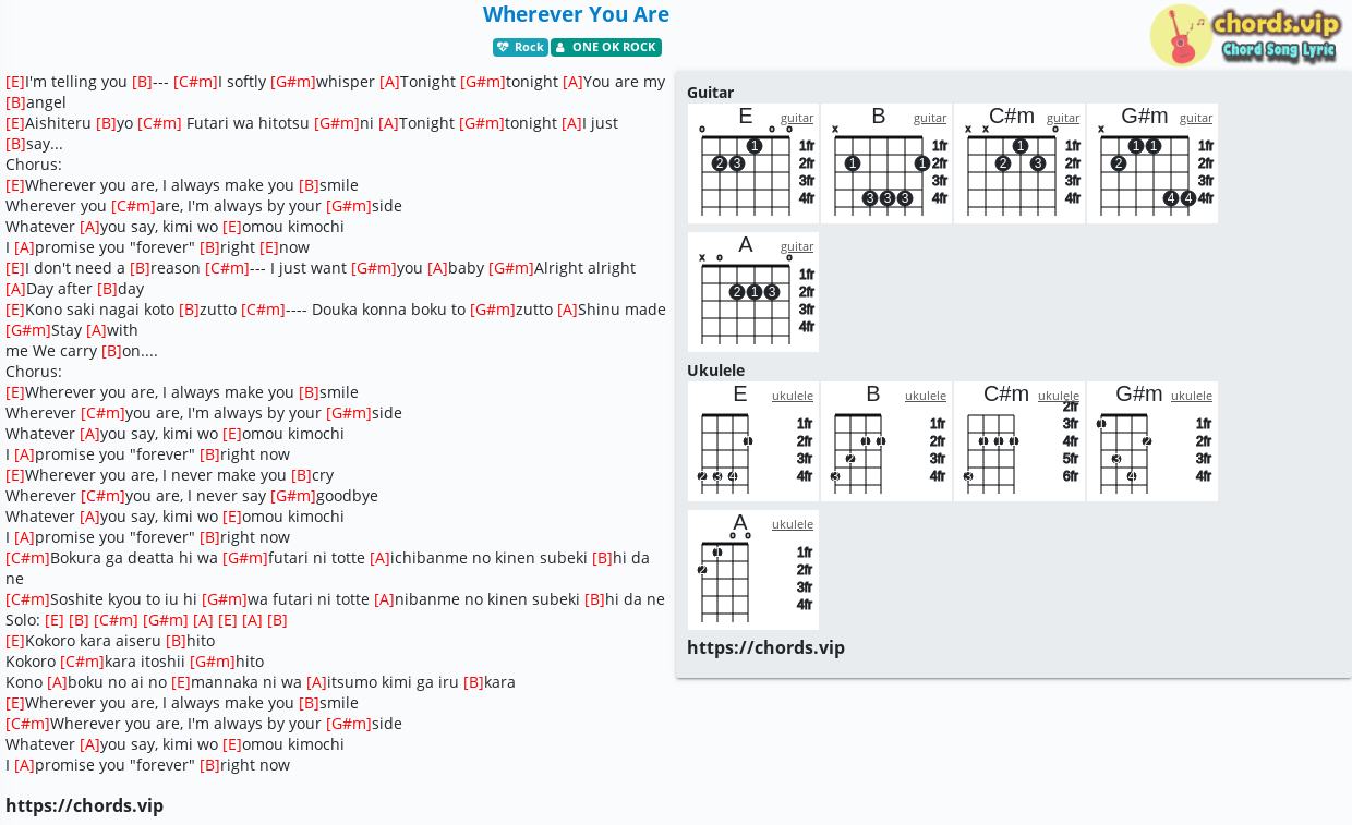 Chord Wherever You Are One Ok Rock Tab Song Lyric Sheet Guitar Ukulele Chords Vip