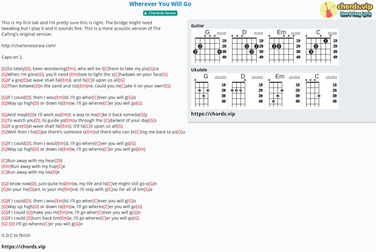 Chord Wherever You Will Go Charlene Soraia Tab Song Lyric Sheet Guitar Ukulele Chords Vip
