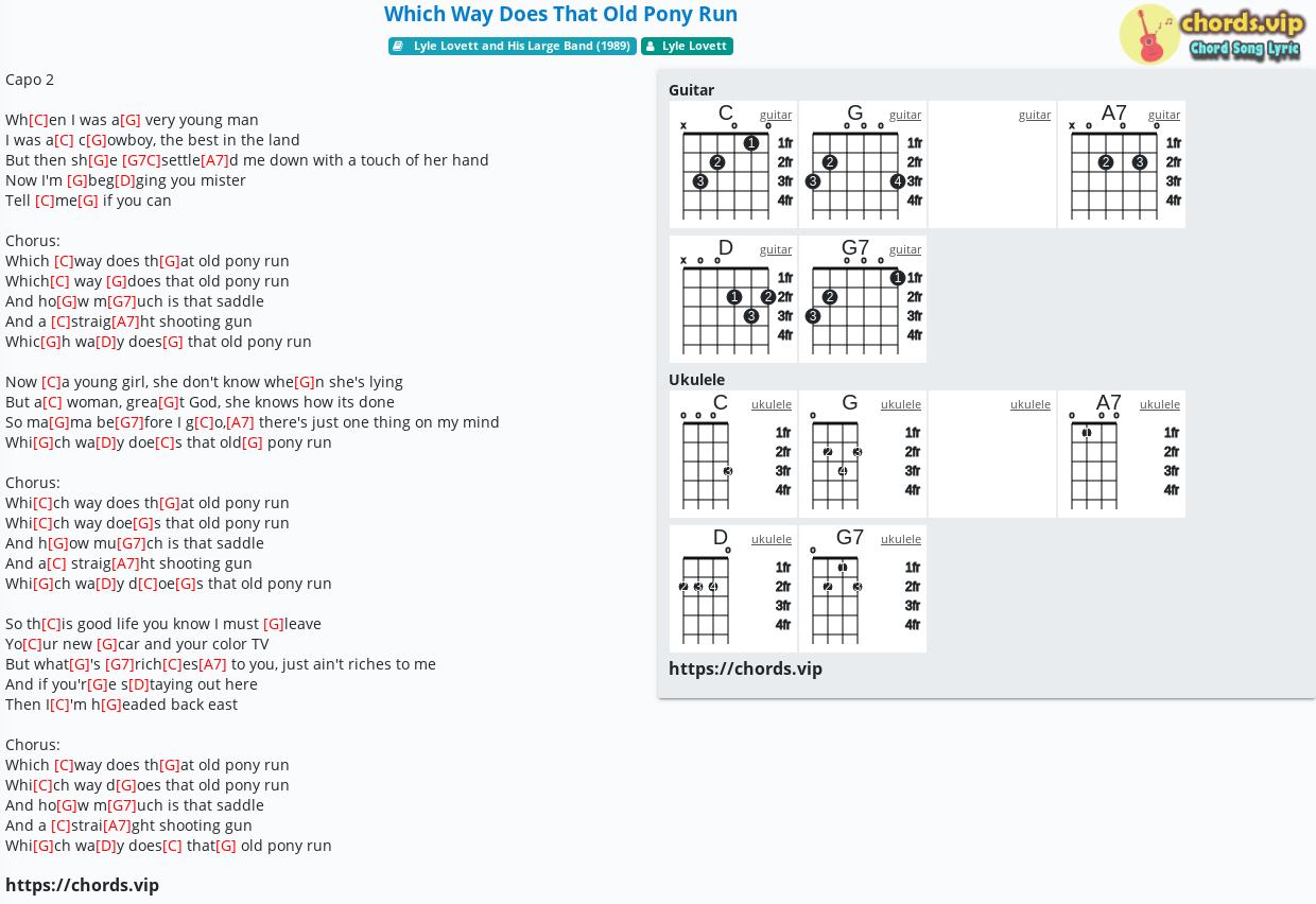 Chord Which Way Does That Old Pony Run Lyle Lovett Tab Song Lyric Sheet Guitar Ukulele Chords Vip