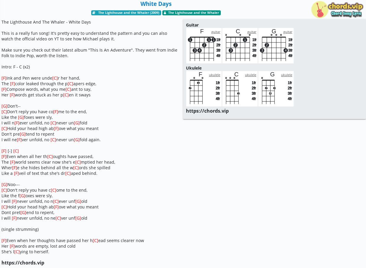 Chord White Days The Lighthouse And The Whaler Tab Song Lyric Sheet Guitar Ukulele Chords Vip
