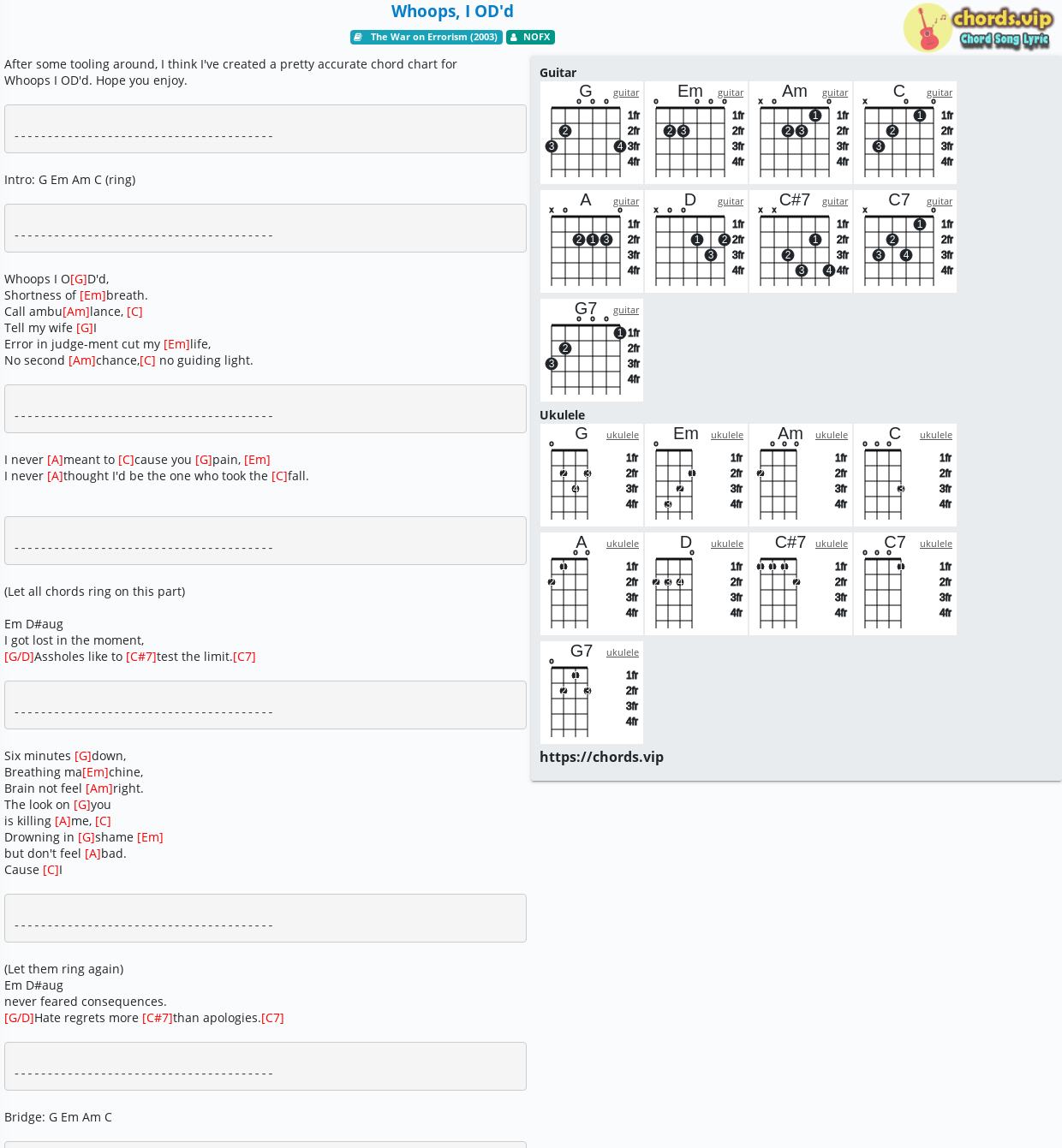 Chord Whoops I Od D Nofx Tab Song Lyric Sheet Guitar Ukulele Chords Vip