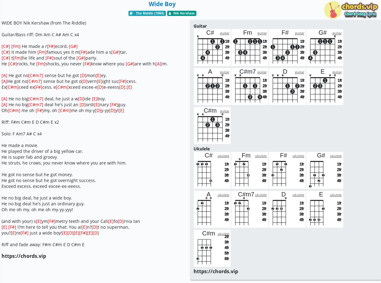 Chord Wide Boy Nik Kershaw Tab Song Lyric Sheet Guitar Ukulele Chords Vip