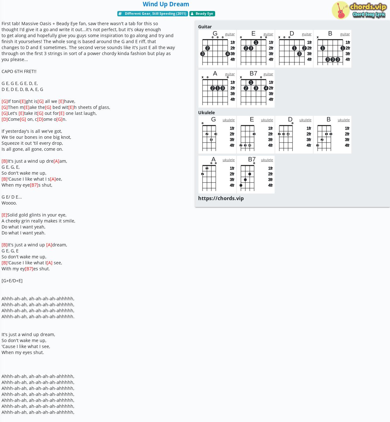 Chord: Wind Up Dream - Beady Eye - tab, song lyric, sheet, guitar 