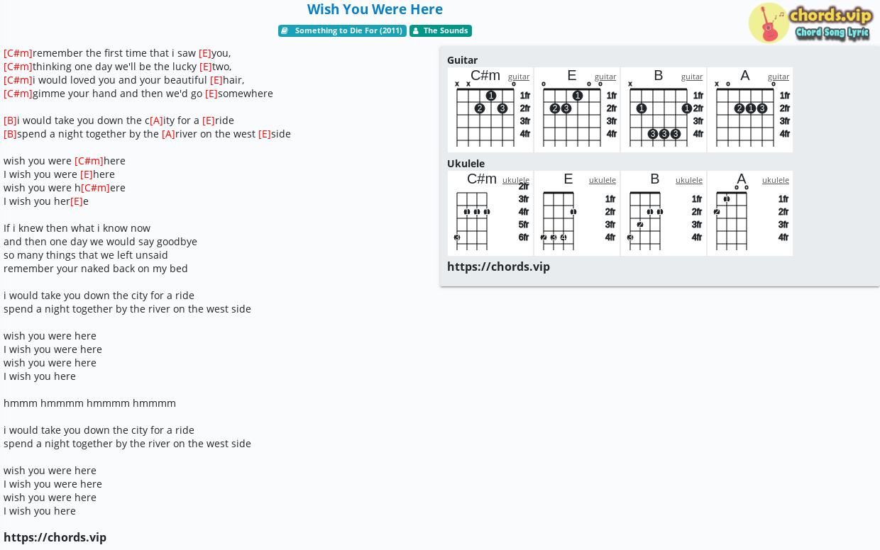 Chord Wish You Were Here The Sounds Tab Song Lyric Sheet Guitar Ukulele Chords Vip