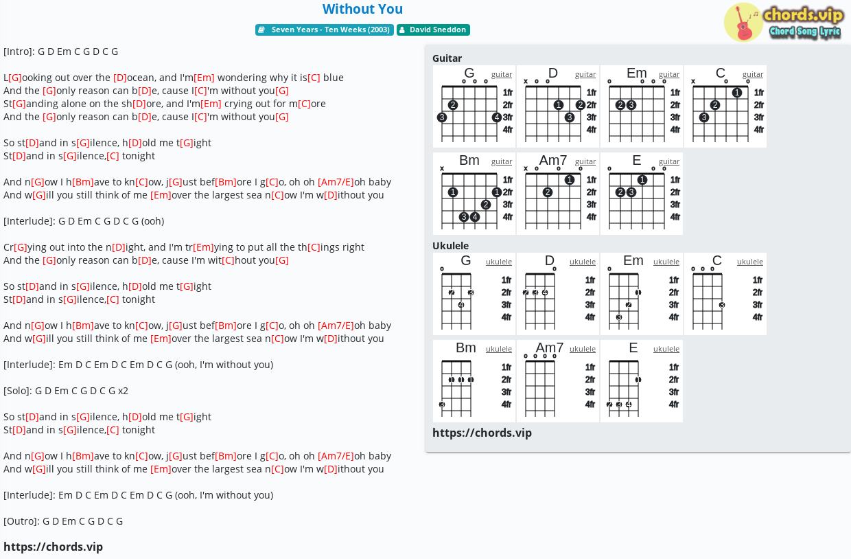 Chord: Without You - David - tab, song lyric, sheet, guitar, | chords.vip