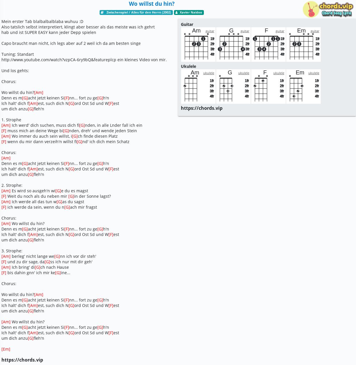 Chord: Wo willst du hin? - Xavier Naidoo - tab, song lyric, sheet 