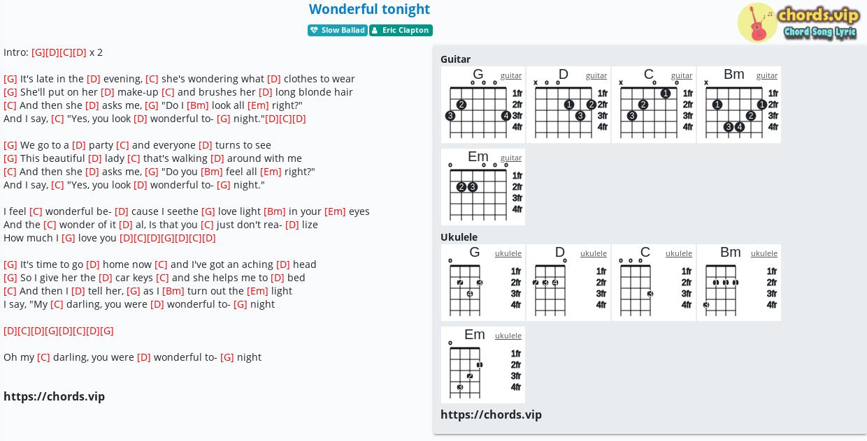 Wonderful tonight - Eric Clapton tab, song sheet, guitar, ukulele | chords.vip