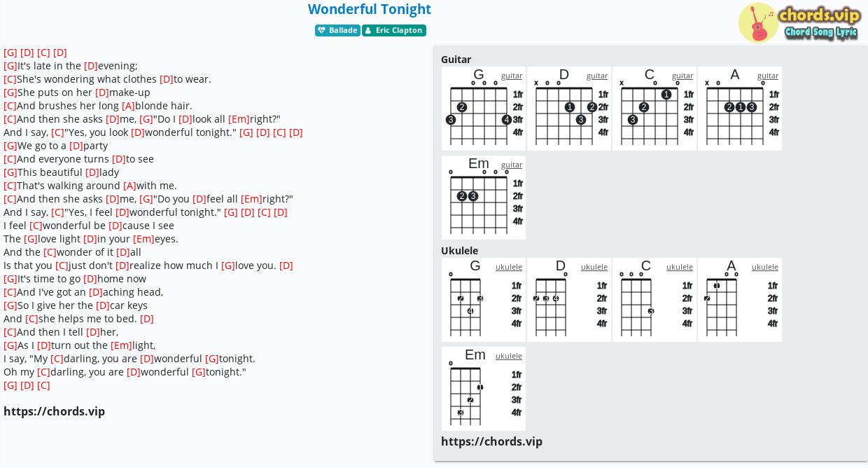 Chord: Wonderful Tonight Eric Clapton - song lyric, sheet, ukulele | chords.vip