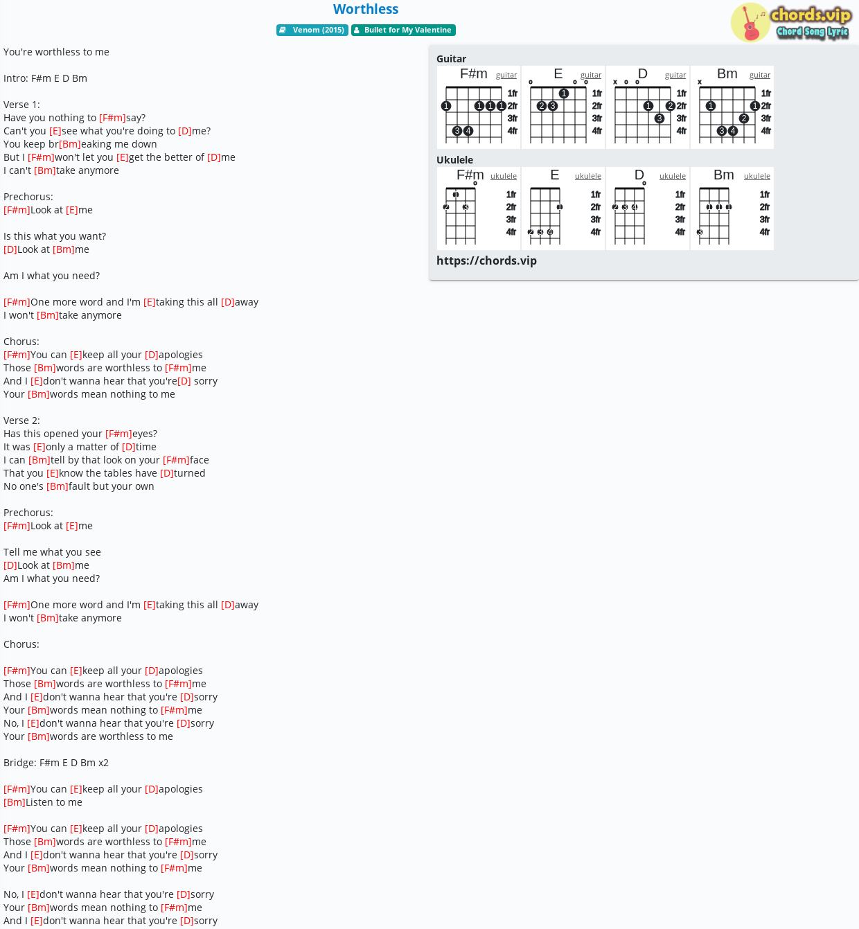 Chord Worthless Bullet For My Valentine Tab Song Lyric Sheet Guitar Ukulele Chords Vip
