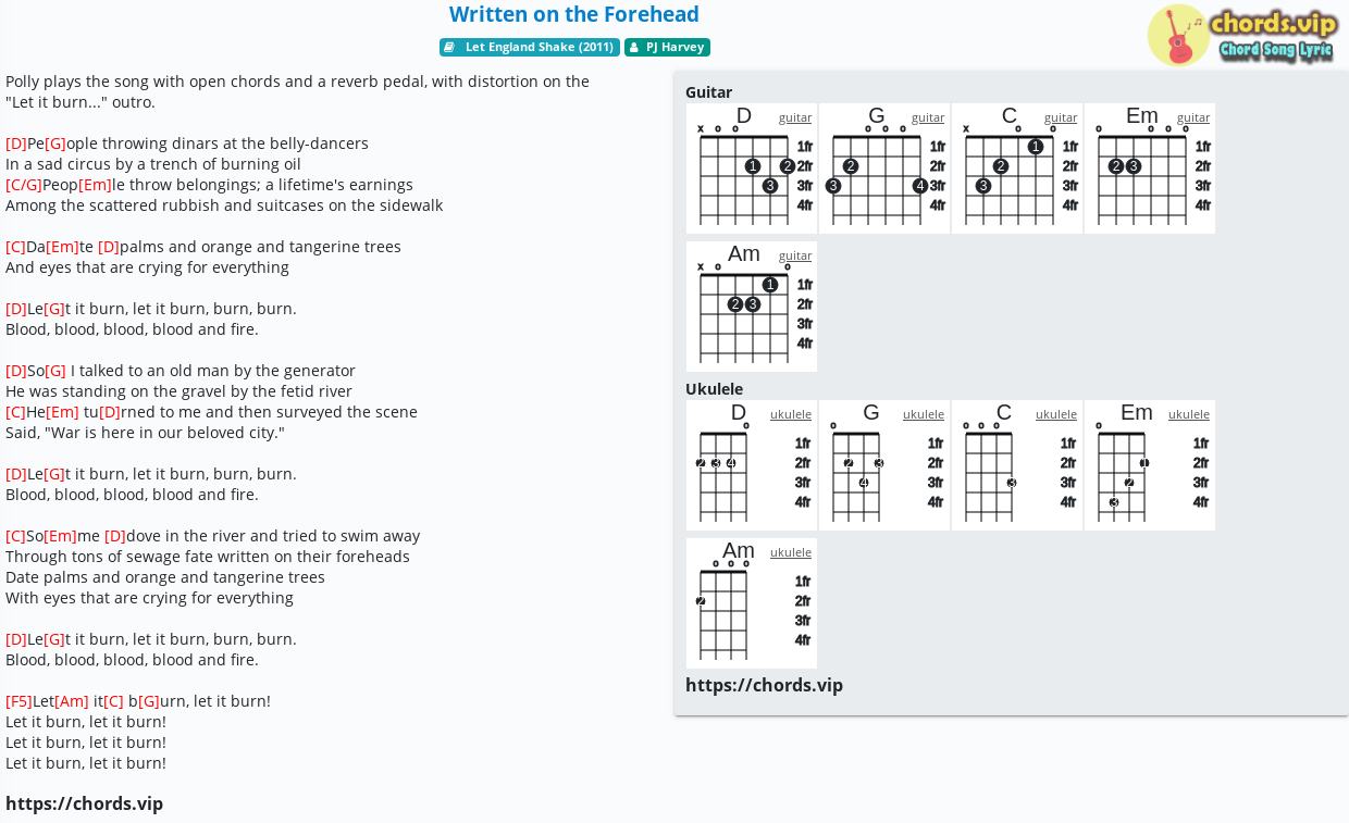 Chord Written On The Forehead Pj Harvey Tab Song Lyric Sheet Guitar Ukulele Chords Vip