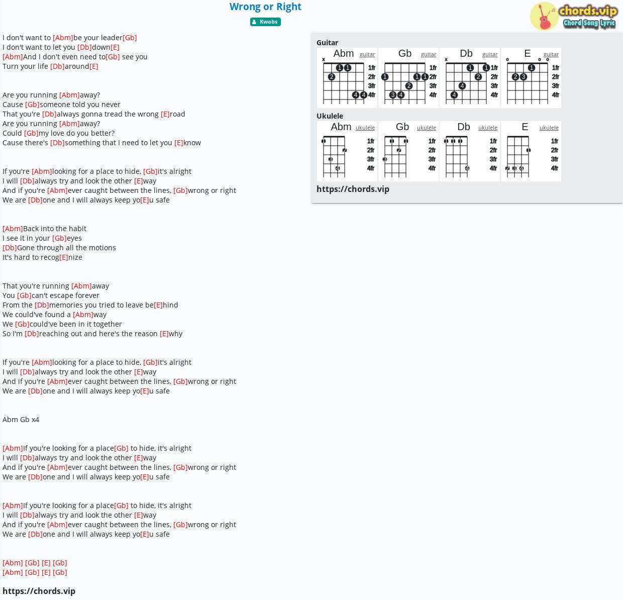 Chord Wrong Or Right Kwabs Tab Song Lyric Sheet Guitar Ukulele Chords Vip