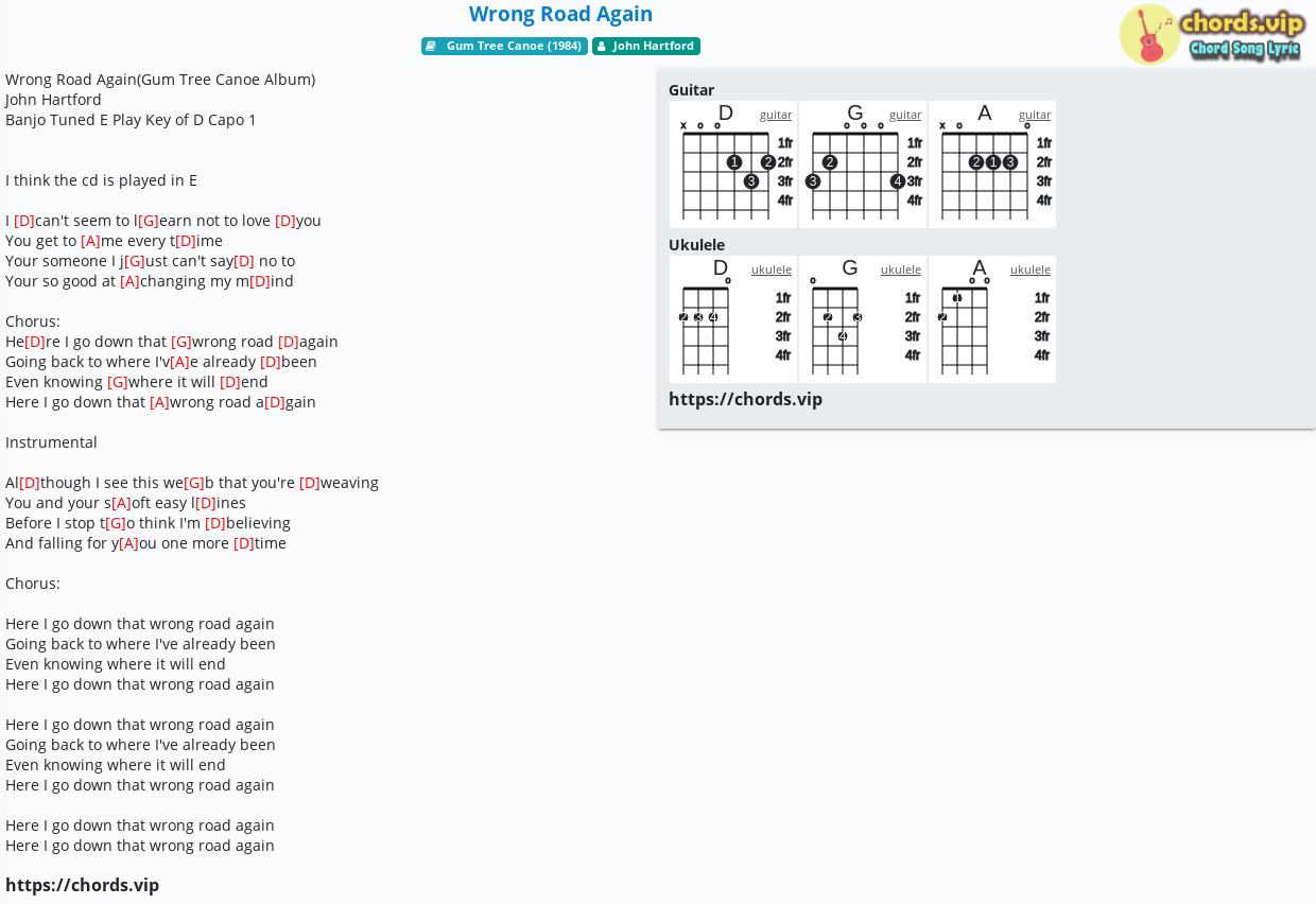 Chord: Wrong Road Again - Hartford - tab, song lyric, sheet, guitar, ukulele | chords.vip