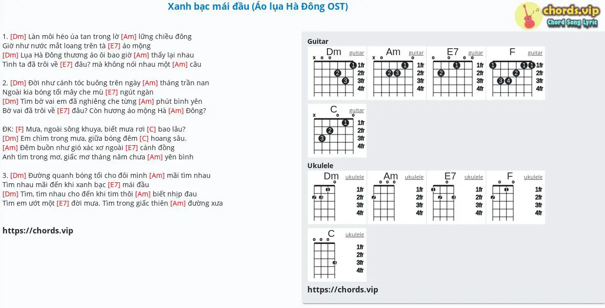 Hợp âm: Xanh bạc mái đầu (Áo lụa Hà Đông OST) - Đức Trí,Hà Quang Minh - cảm âm, tab guitar, ukulele - lời bài hát | chords.vip