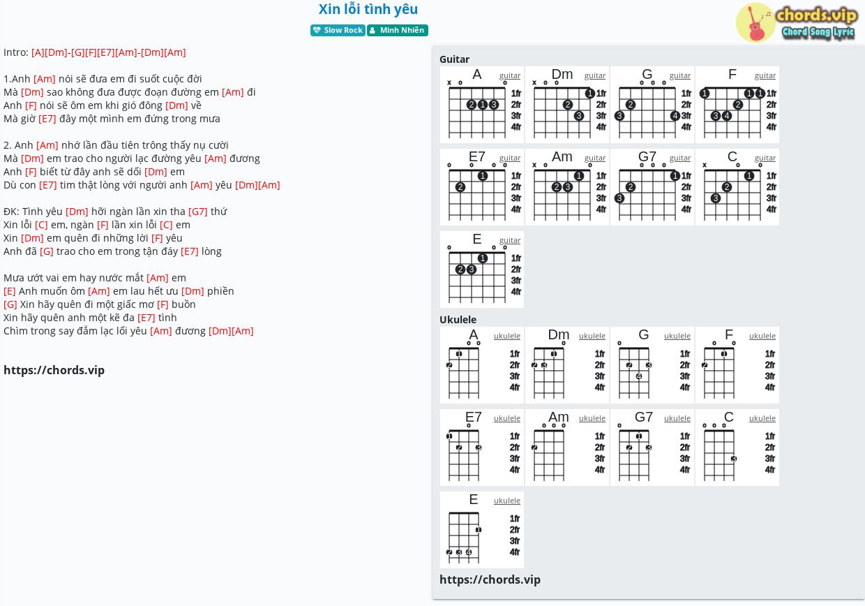 Hợp âm: Xin lỗi tình yêu - Minh Nhiên - cảm âm, tab guitar, ukulele - lời bài hát | chords.vip