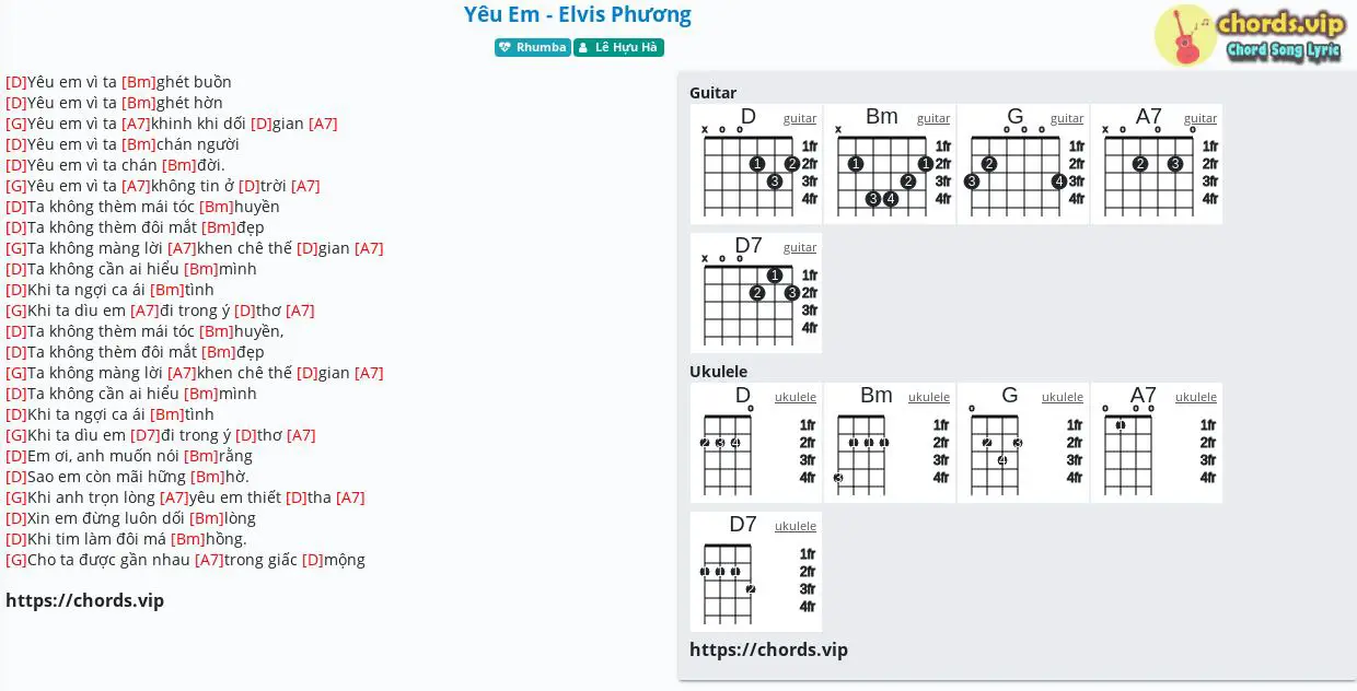 Hợp âm: Yêu Em - Elvis Phương - Lê Hựu Hà - cảm âm, tab guitar, ukulele - lời bài hát | chords.vip