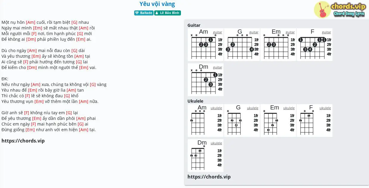 Hợp âm: Yêu vội vàng - Lê Bảo Bình - cảm âm, tab guitar, ukulele - lời bài hát | chords.vip
