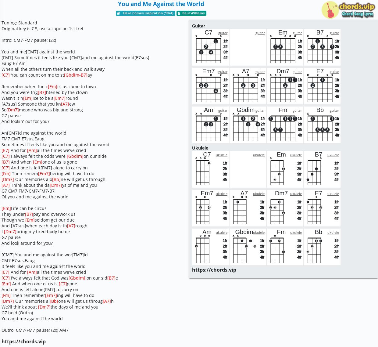 Chord You and Me Against the World tab, song lyric, sheet, guitar, ukulele chords.vip