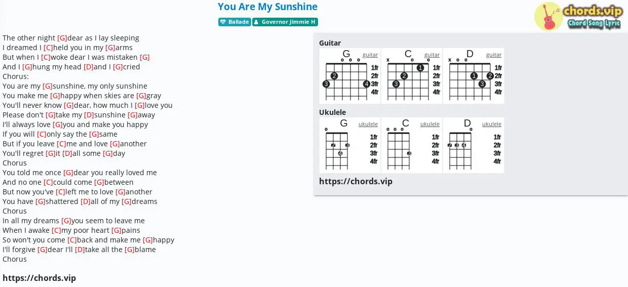 Chord You Are My Sunshine Governor Jimmie H Tab Song Lyric Sheet Guitar Ukulele Chords Vip