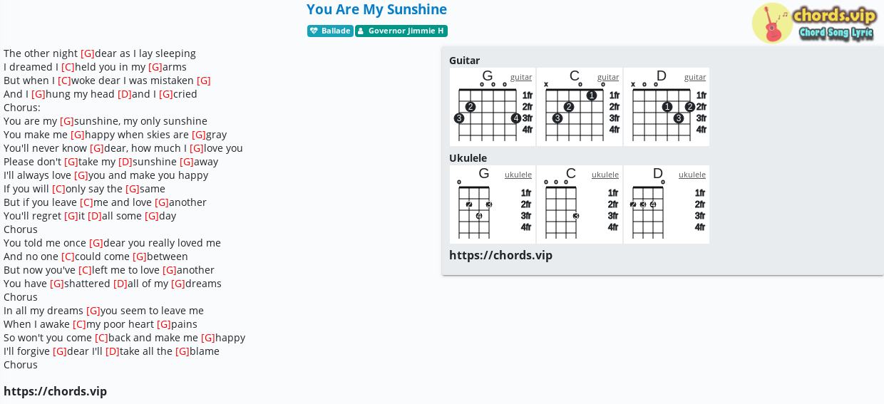 Chord You Are My Sunshine Governor Jimmie H Tab Song Lyric Sheet Guitar Ukulele Chords Vip