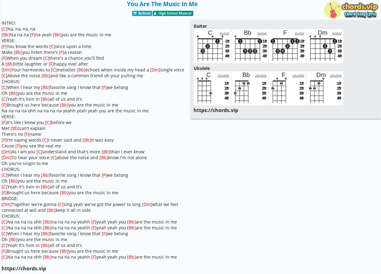 Chord You Are The Music In Me High School Musical Tab Song Lyric Sheet Guitar Ukulele Chords Vip