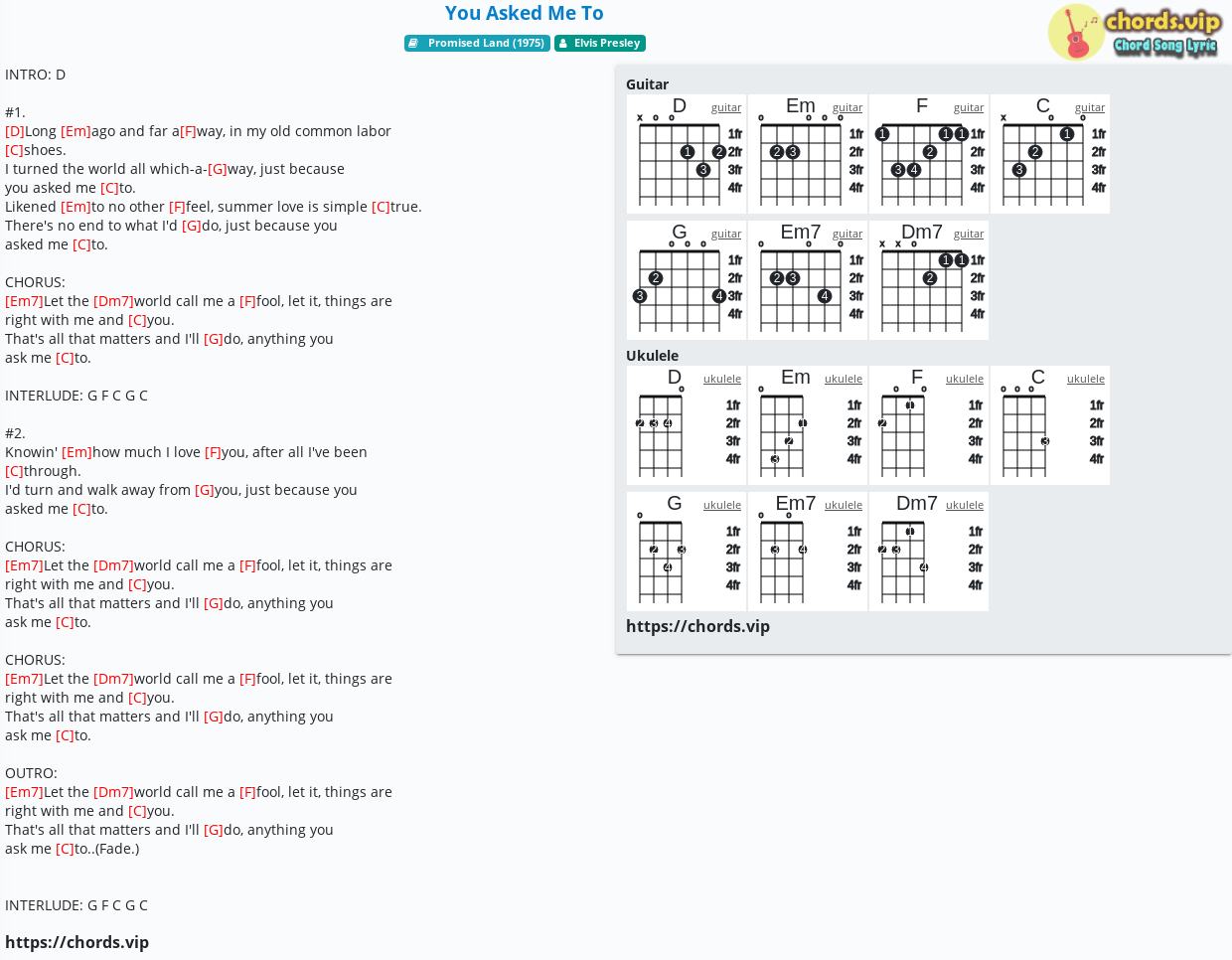 Chord You Asked Me To Elvis Presley Tab Song Lyric Sheet Guitar Ukulele Chords Vip