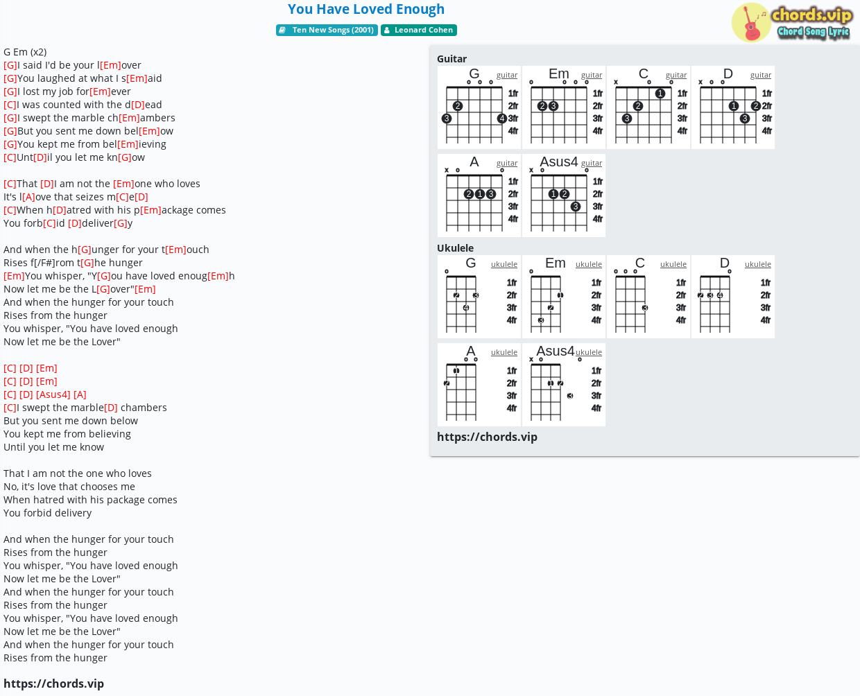 Chord: You Have Loved Enough - Leonard Cohen - tab, song lyric, sheet