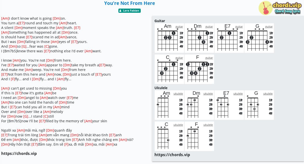 Chord You Re Not From Here Lara Fabian Tab Song Lyric Sheet Guitar Ukulele Chords Vip