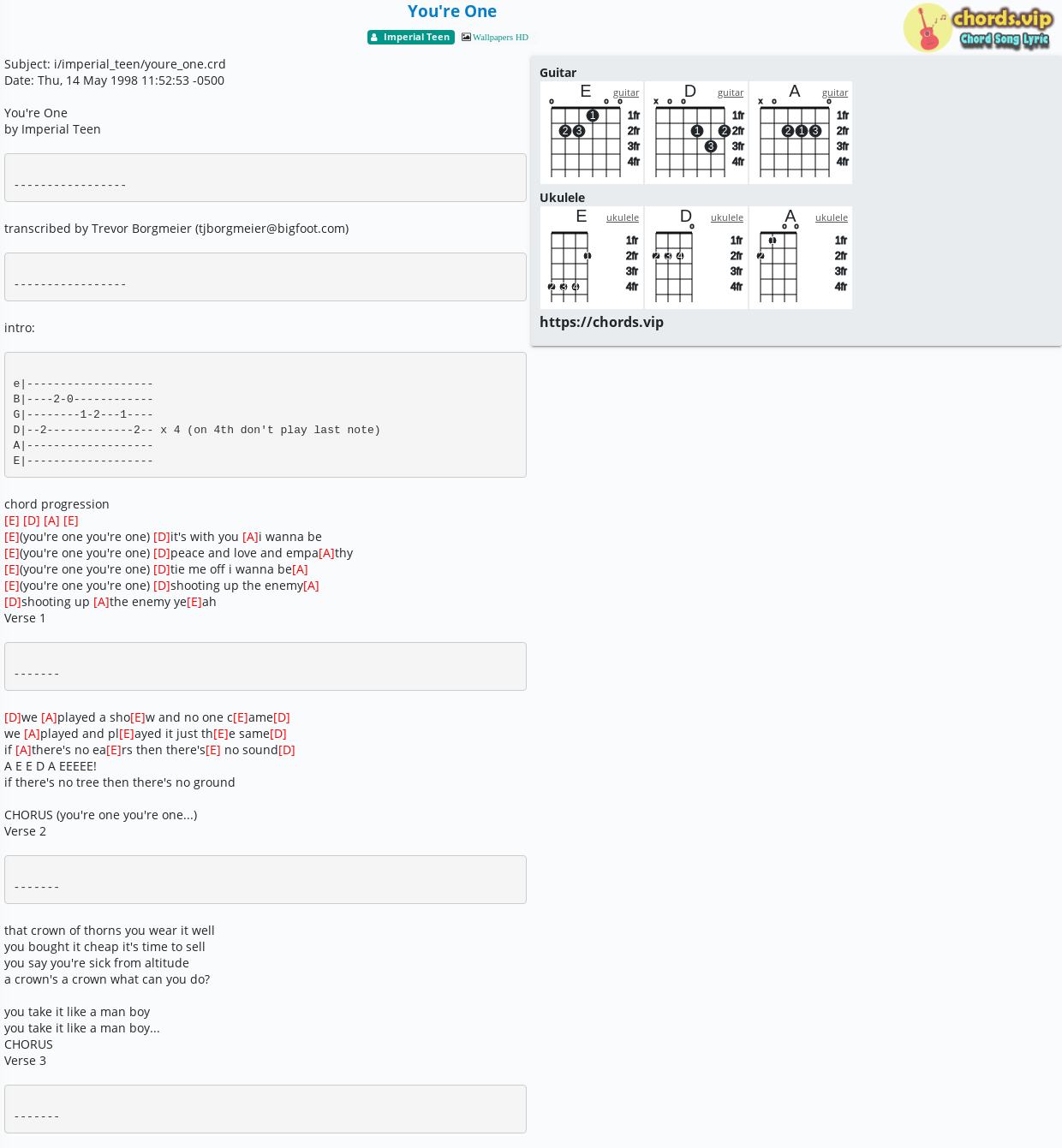 Chord You Re One Imperial Teen Tab Song Lyric Sheet Guitar Ukulele Chords Vip