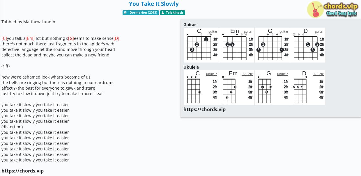 Chord You Take It Slowly Telekinesis Tab Song Lyric Sheet Guitar Ukulele Chords Vip