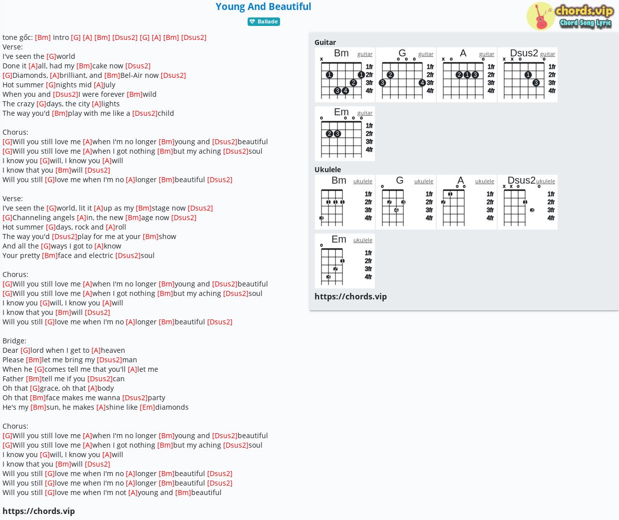 Chord: Young And Beautiful - tab, song lyric, sheet, guitar, ukulele