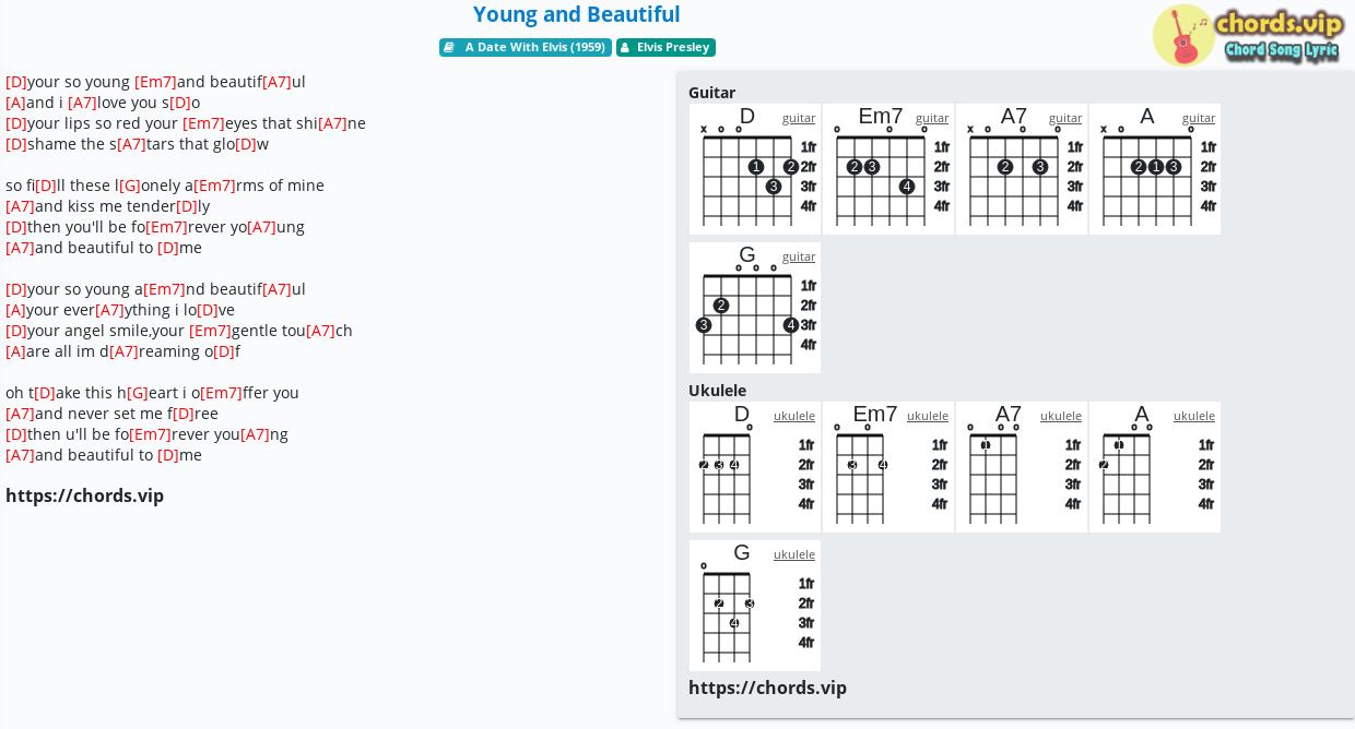 Chord: Young and Beautiful - tab, song lyric, sheet, guitar, ukulele