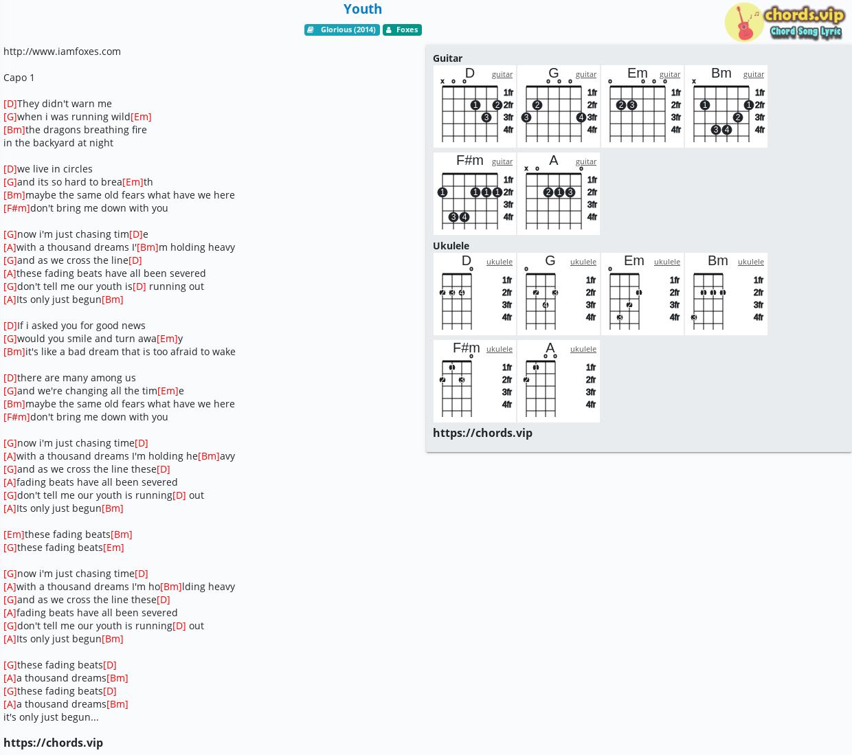Chord Youth Foxes Tab Song Lyric Sheet Guitar Ukulele Chords Vip