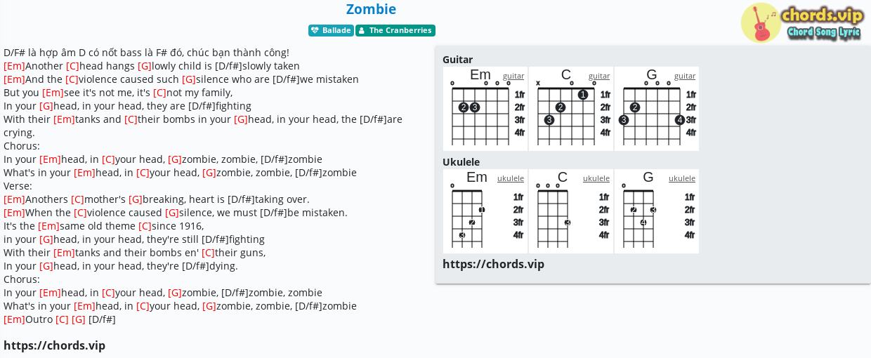 Chord: Zombie - The Cranberries - tab, song lyric, sheet, guitar, ukulele c...