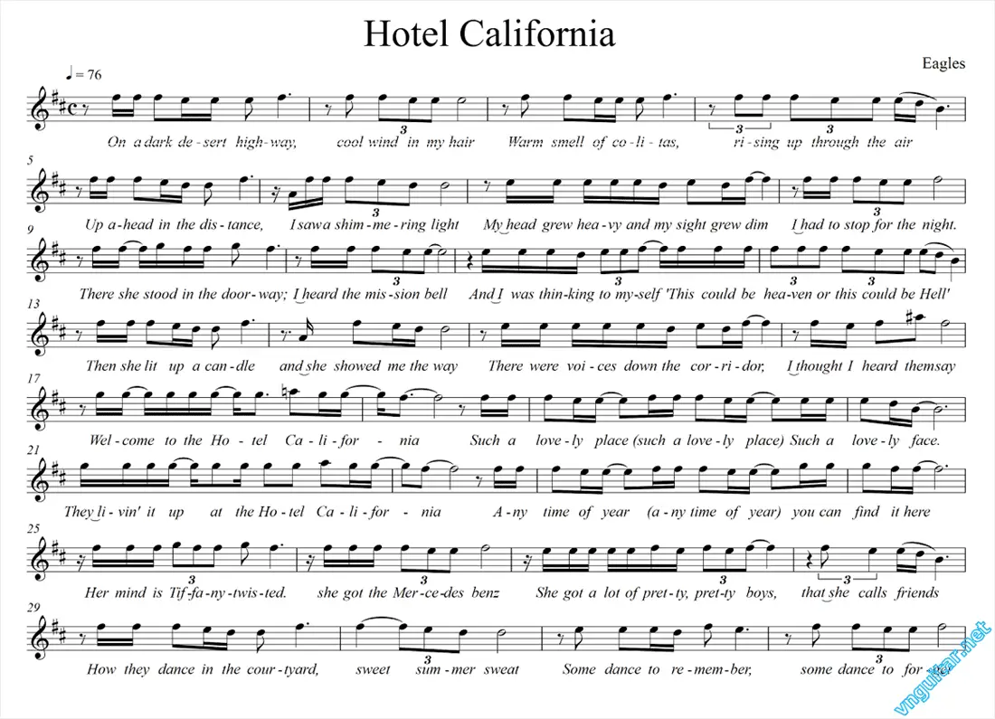 Sheet: Hotel California - Eagles - song lyric, sheet 